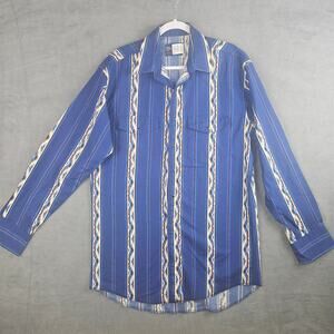 Wrangler Western Aztec Stripe Snap Shirt Blue Cotton 90s Vintage Cowboy Size LT
